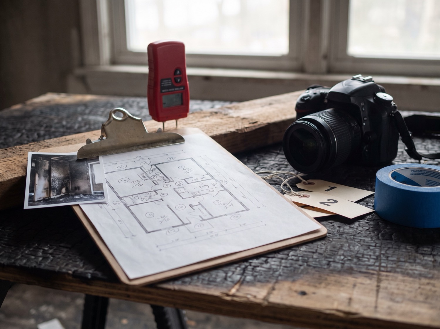 Illustration: a clipboard with a hand-drawn floor plan and moisture readings, a moisture meter, a camera and numbered inventory tags on a charred work table
