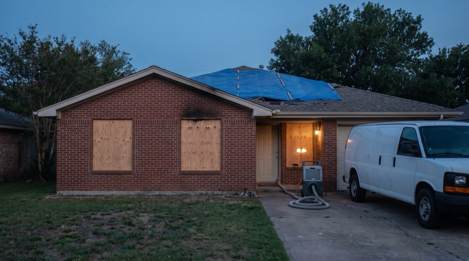 Illustration: a brick ranch house at dusk with two windows boarded, a blue tarp on the roof and a work van in the driveway