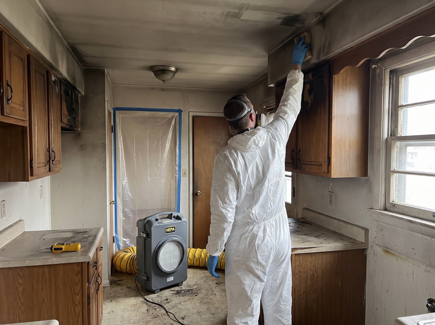 Illustration: a technician in a protective suit and respirator dry-sponging soot from a kitchen ceiling, with a HEPA air scrubber running and a doorway sealed in plastic